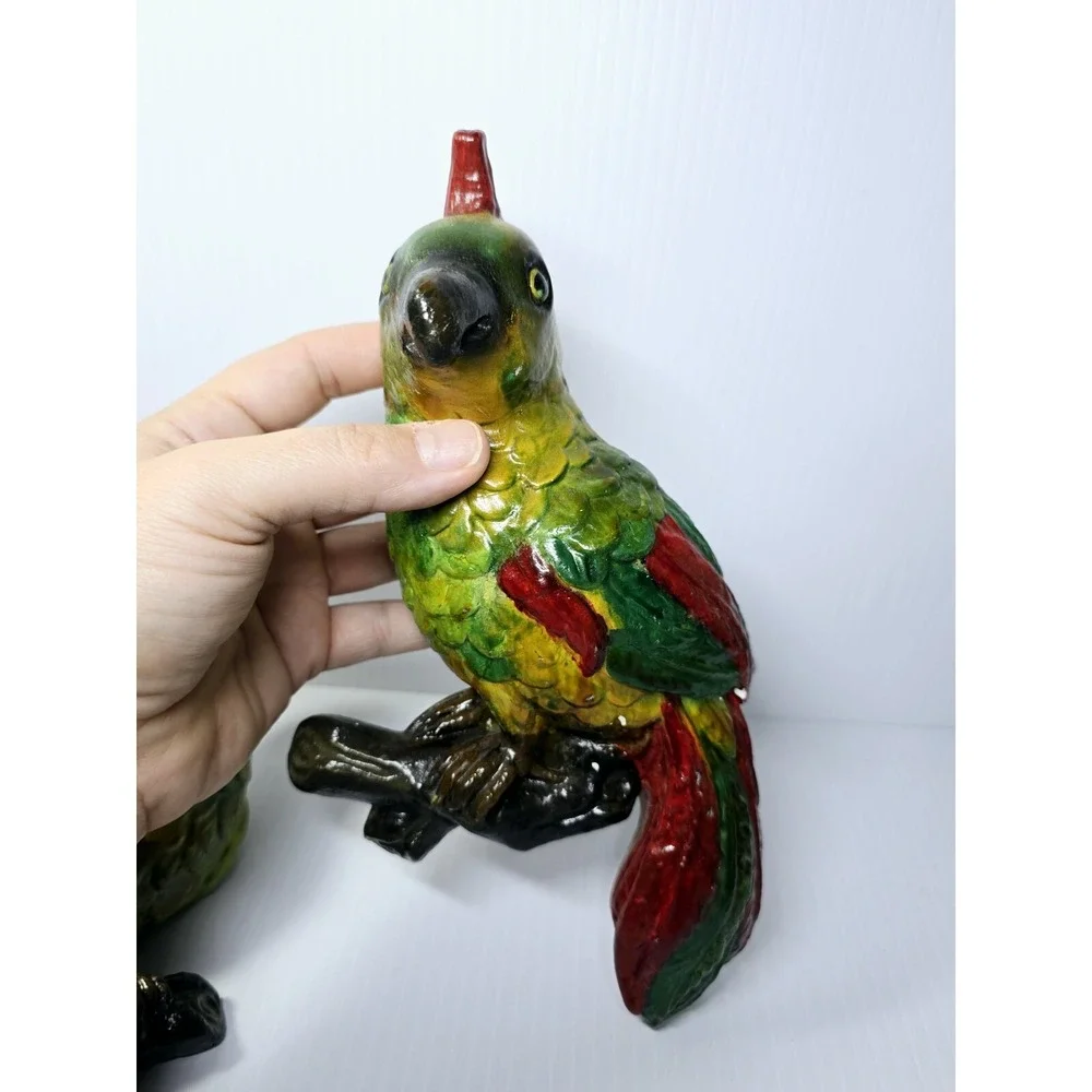Mid-Century Chalkware Parrot Bird Wall Hanging Sculptures Set Of 2 Tropical Life